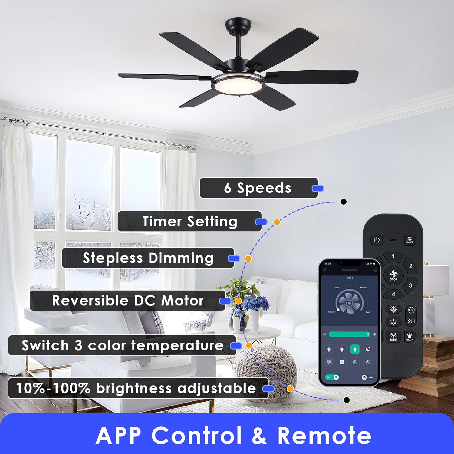 Kviflon Ventilateur de Plafond avec Lumière 132 cm, Moteur DC Silencieux et Économe, Télécommande & Contrôle par App, 6 Vitesses, LED Dimmable, 3 Pales ABS, Design Moderne Noir pour Chambre et Salon