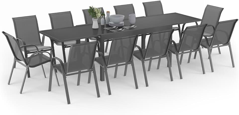 IDMarket - Madrid série - table 135-270 cm et 12 chaises empilables - gris anthracite