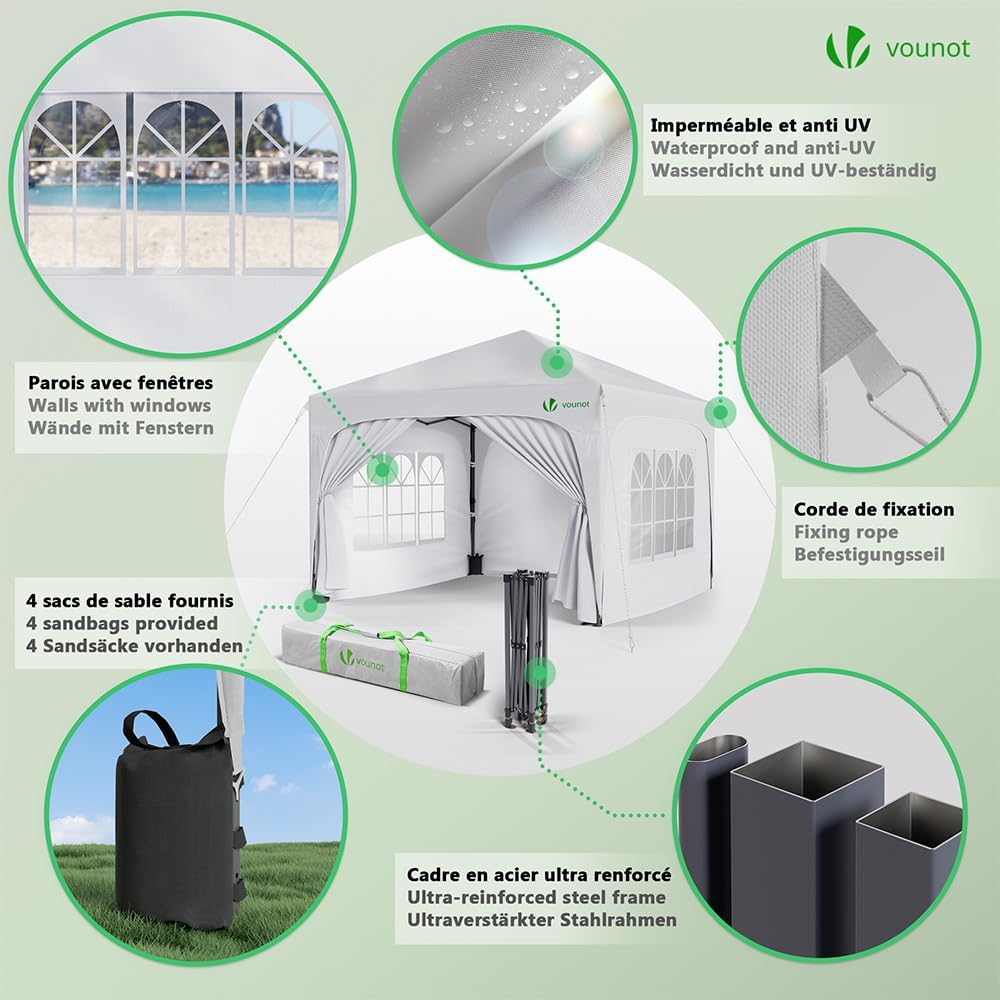 VOUNOT - Tonnelle pliable 3x3m, imperméable, anti-UV, réglable, sac transport