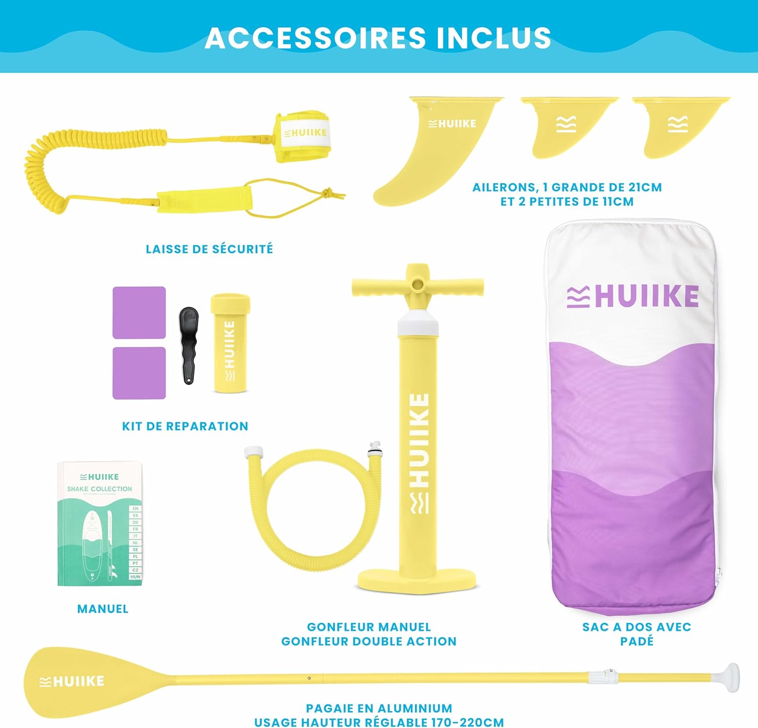 HUIIKE Paddle Gonflable Adulte avec Accessoires Inclus, Pagaie, Ailerons, Pompe. Planche de Stand Up Paddle Grande Stabilité et Résistance. 305 x 84 x 15 cm, Jusqu'à 130 kg