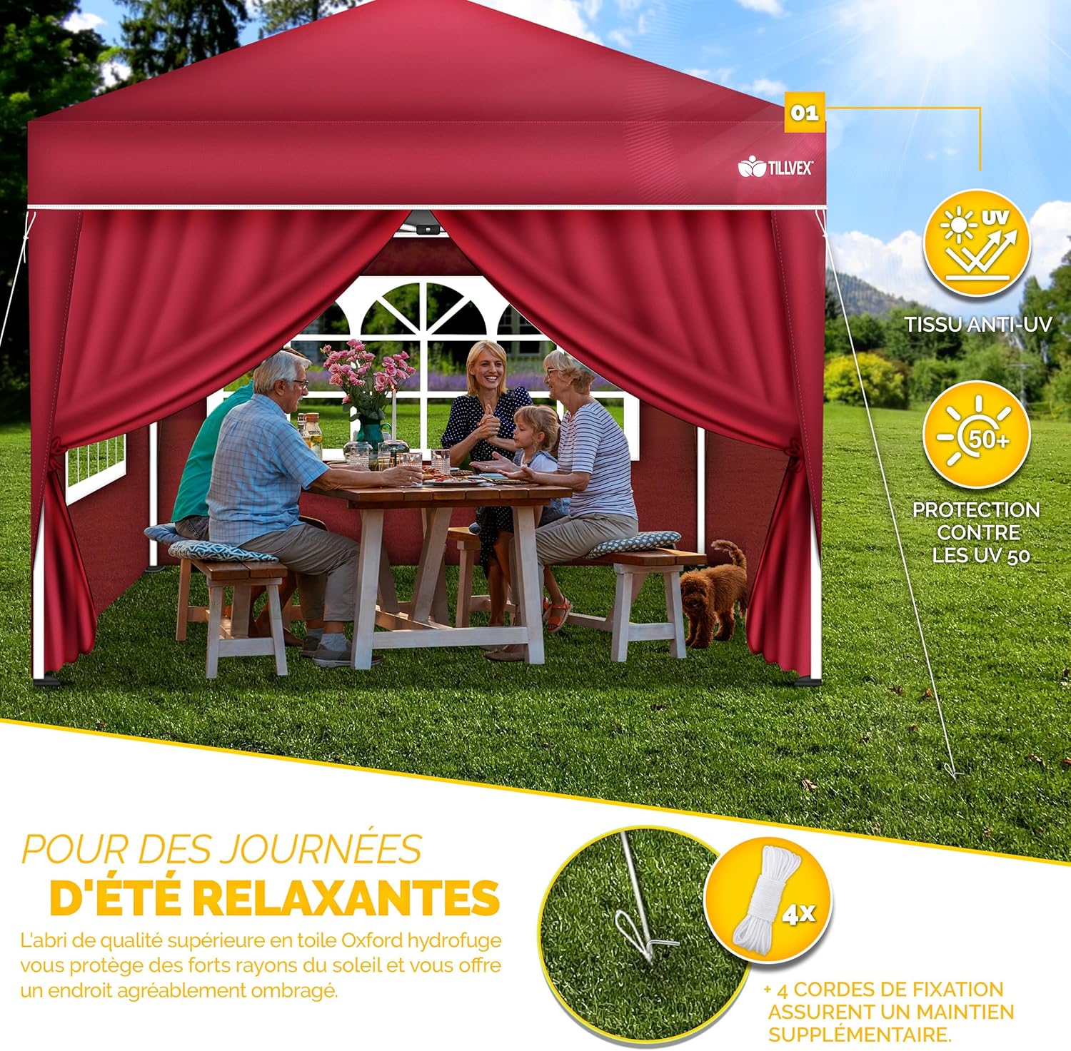 Tillvex - Tonnelle pliante série jardin 3x3m - UV 50+ camping, plage