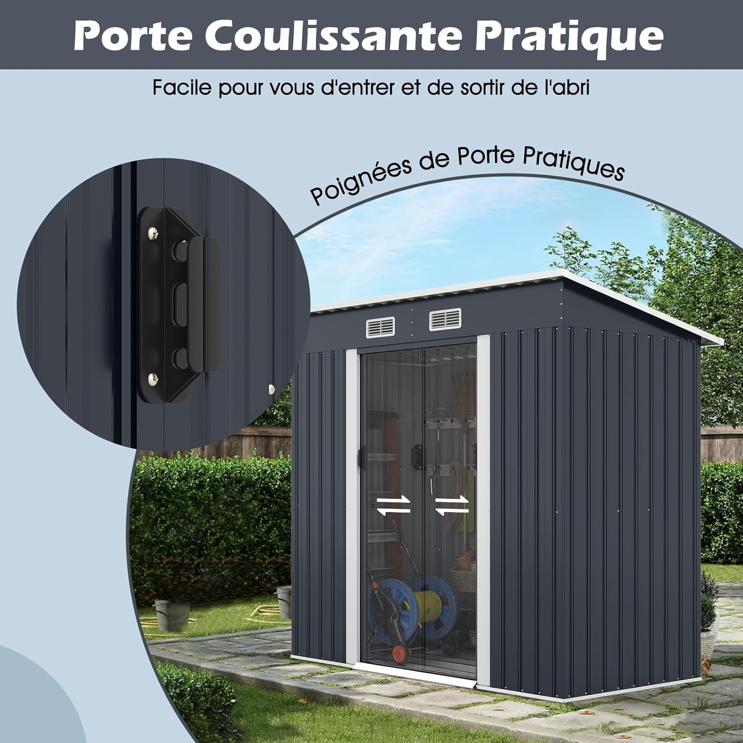 COSTWAY - Abri de Jardin métal - 2 m² - Porte coulissante, toit incliné, 4 aérations, fondation
