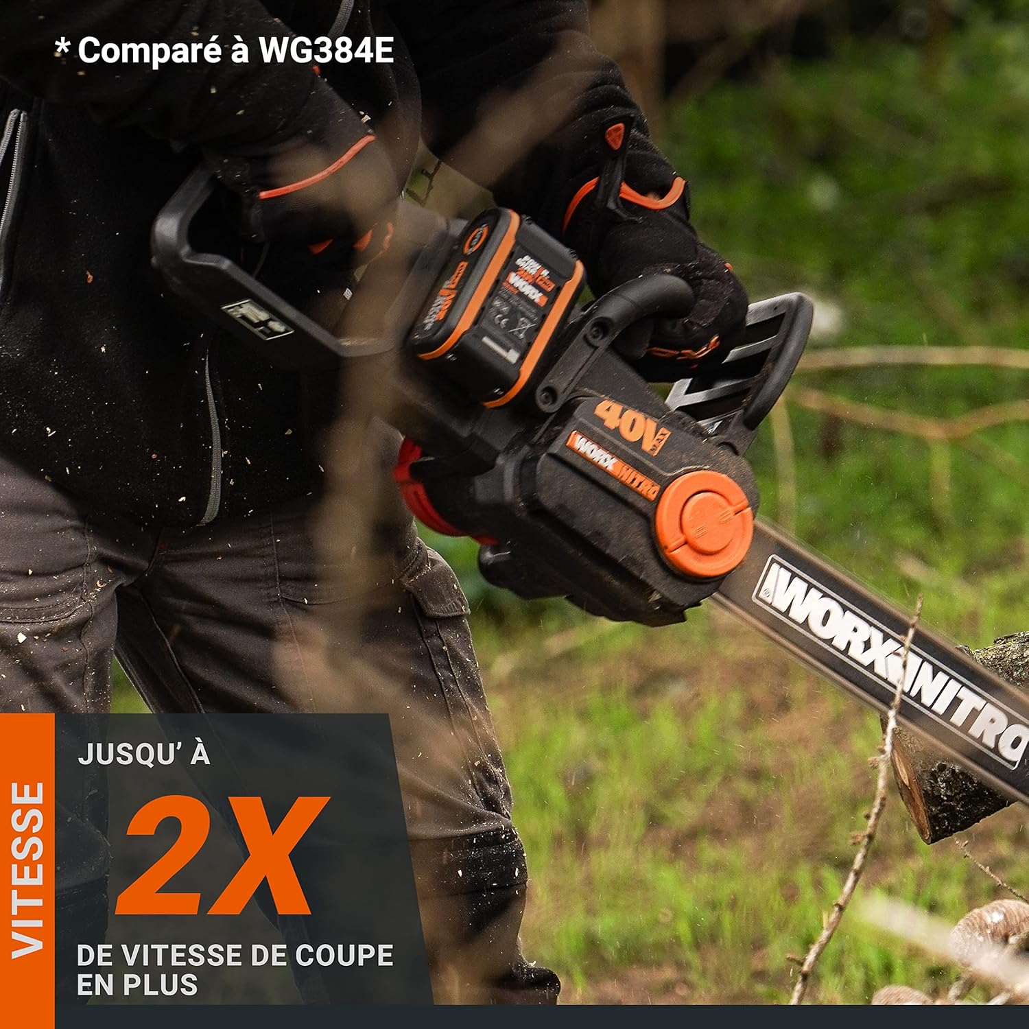 WORX - tronçonneuse sans fil 40V, guide 40cm, 18m/s, 2x4Ah WG385E