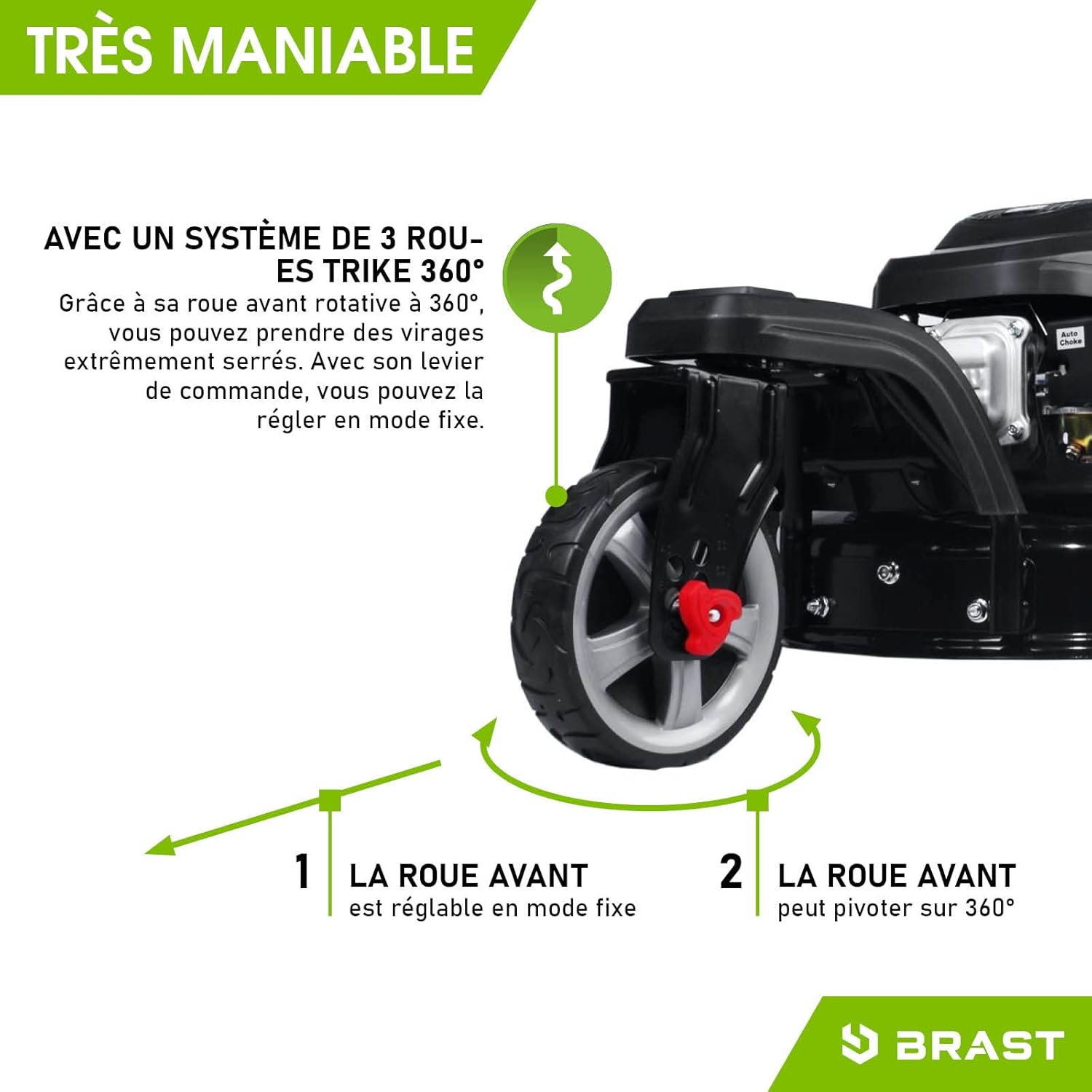 BRAST - tondeuse thermique 3 roues 53cm, 224cc, tractée, démarrage électrique, mulching, 4en1, TRIKE E-START