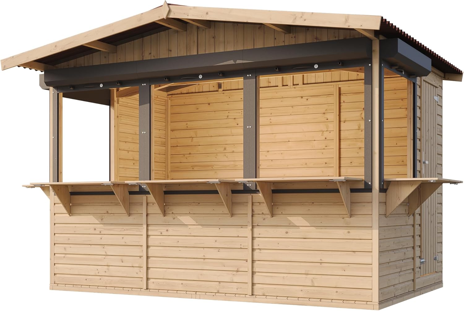 TIMBELA Abri de Jardin en Bois M150BZ – Kiosque Bois - Stand Marché avec 5 Fenêtres + Volets roulants, L336xP263xH232 cm / 6 m², Facile à Monter et à Démonter, Bar Jardin