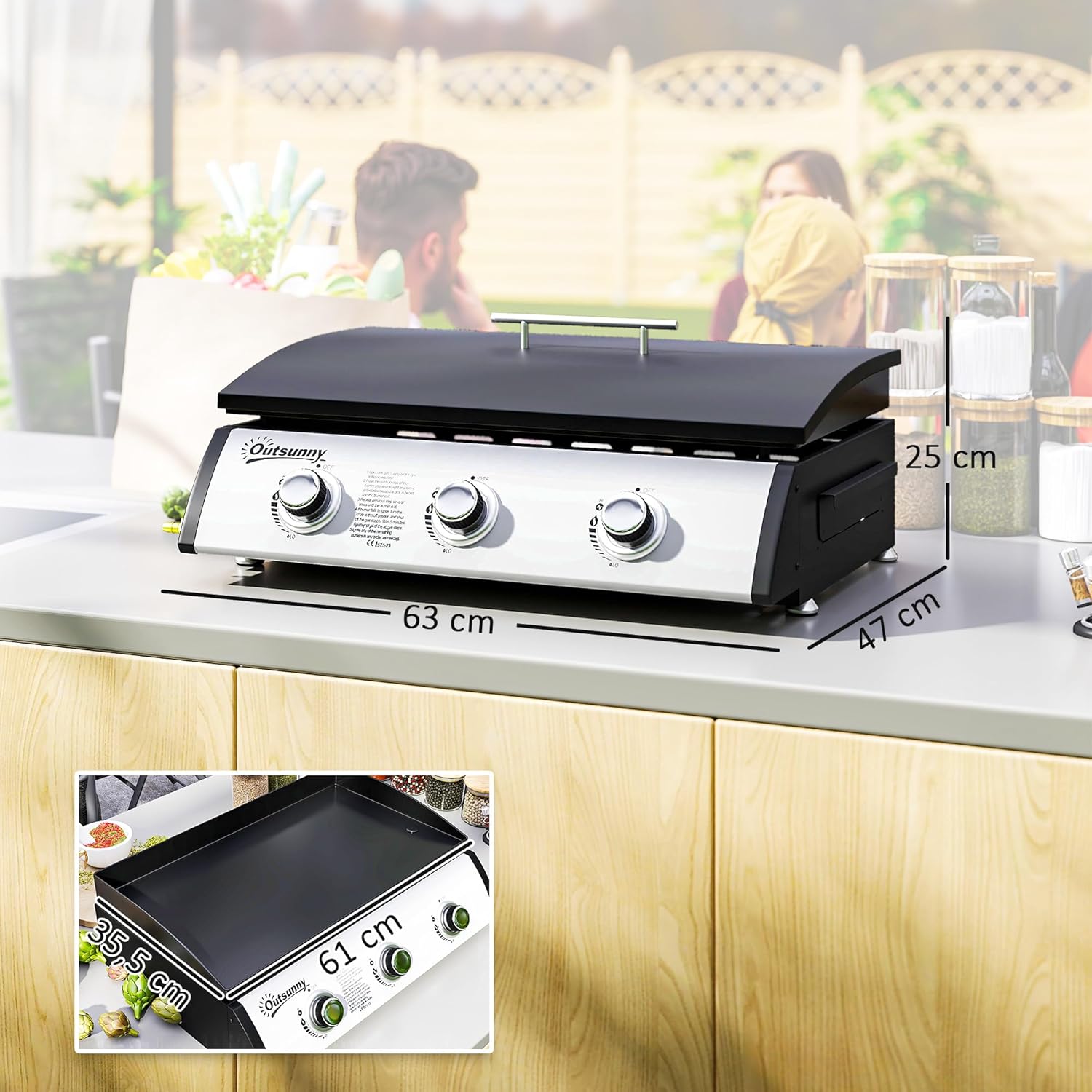 Outsunny - Plancha gaz 3 brûleurs, 61x35,5cm, couvercle, portable, 7,5kW