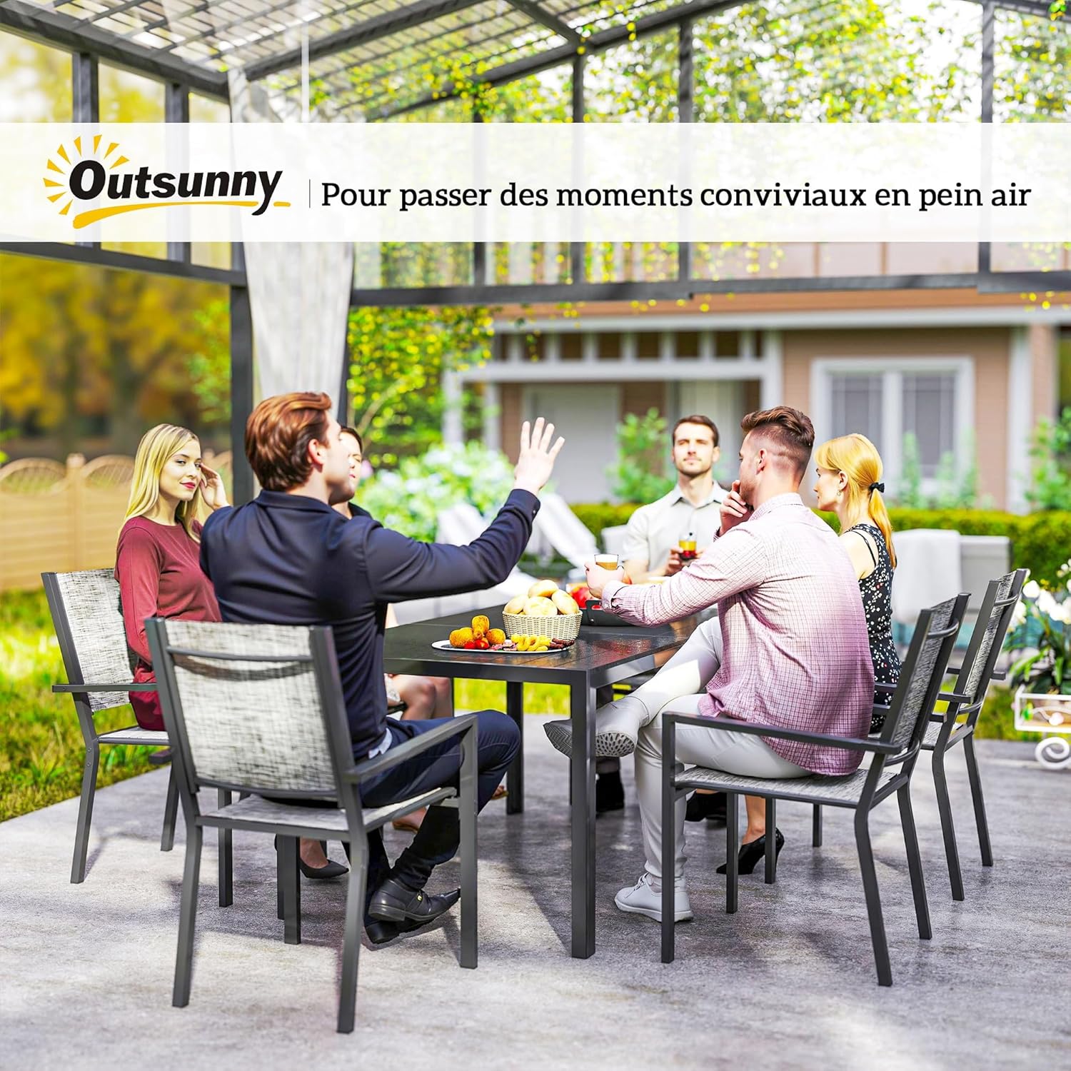 Outsunny - Salon de jardin 7 pièces - 150 cm - acier, 6 chaises empilables