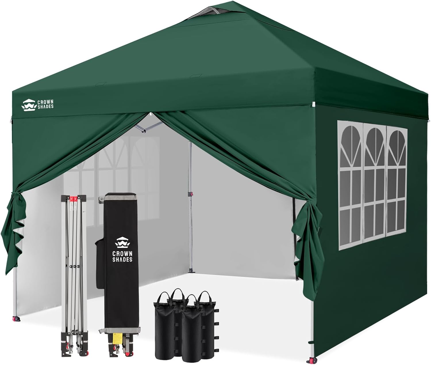CROWN SHADES Tonnelle Pliante 3x3 Imperméable, Barnum Pliant de Jardin Exterieur, Pop-Up Gazebo avec Sac de Rangement, UPF 50+, avec 4 Parois Latérales Amovible, 4 Sac de Sable, Vert Forêt