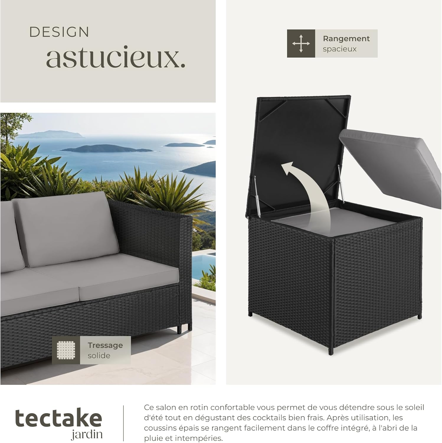 tectake - Ensemble salon jardin poly rotin, 4 places, coffre rangement, table verre