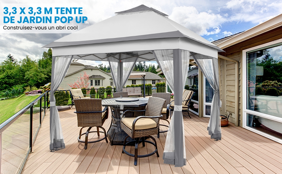 de 3,3 x 3,3 m avec auvent blanc et panneaux latéraux en maille, installée sur une terrasse en bois avec mobilier d'extérieur.