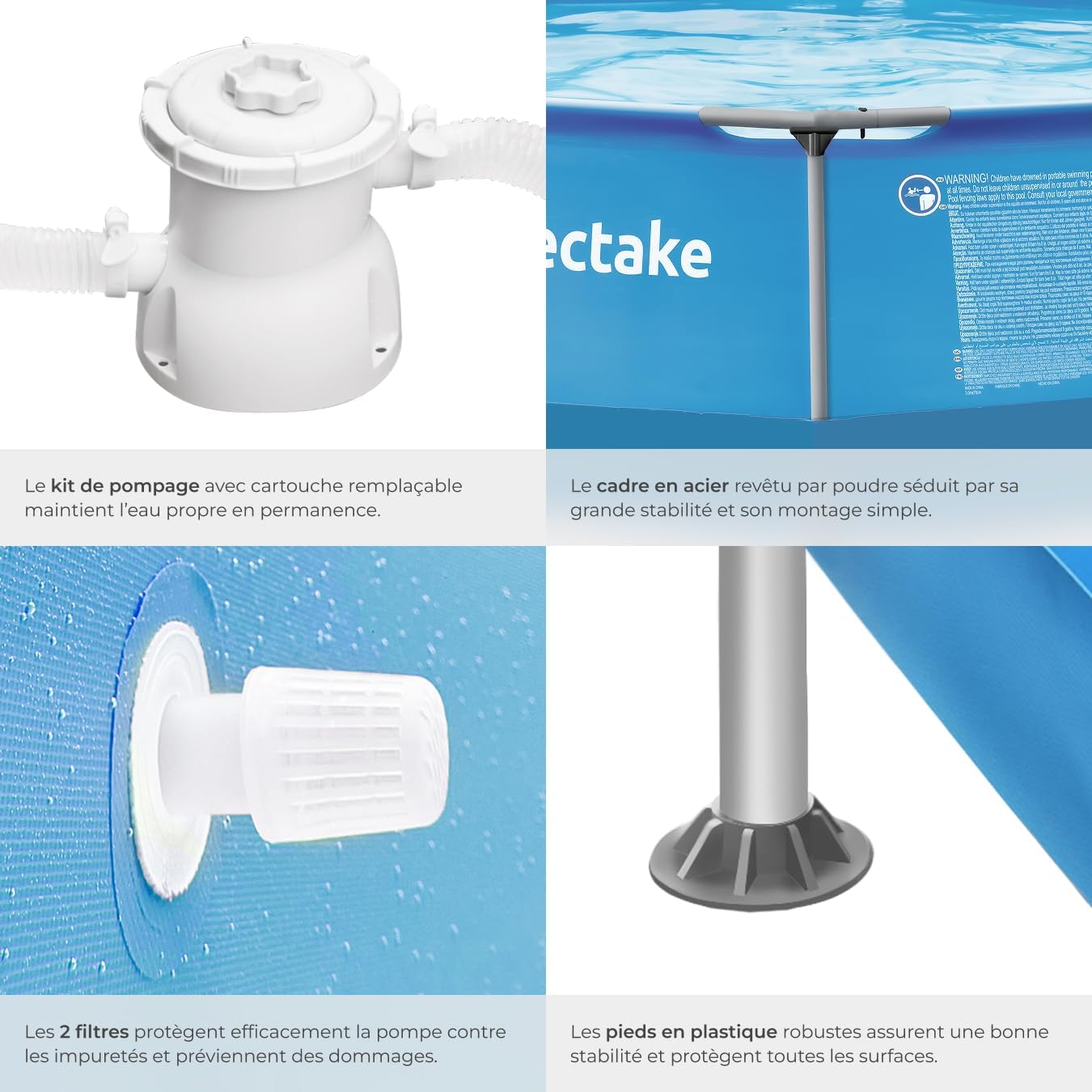 tectake® Piscine Tubulaire Ronde Piscine Hors Sol Ø360 x 76 cm Bleu, Structure en Acier, PVC Résistant aux UV & à la déchirure, avec Pompe Piscine à Filtre, Montage & démontage Facile