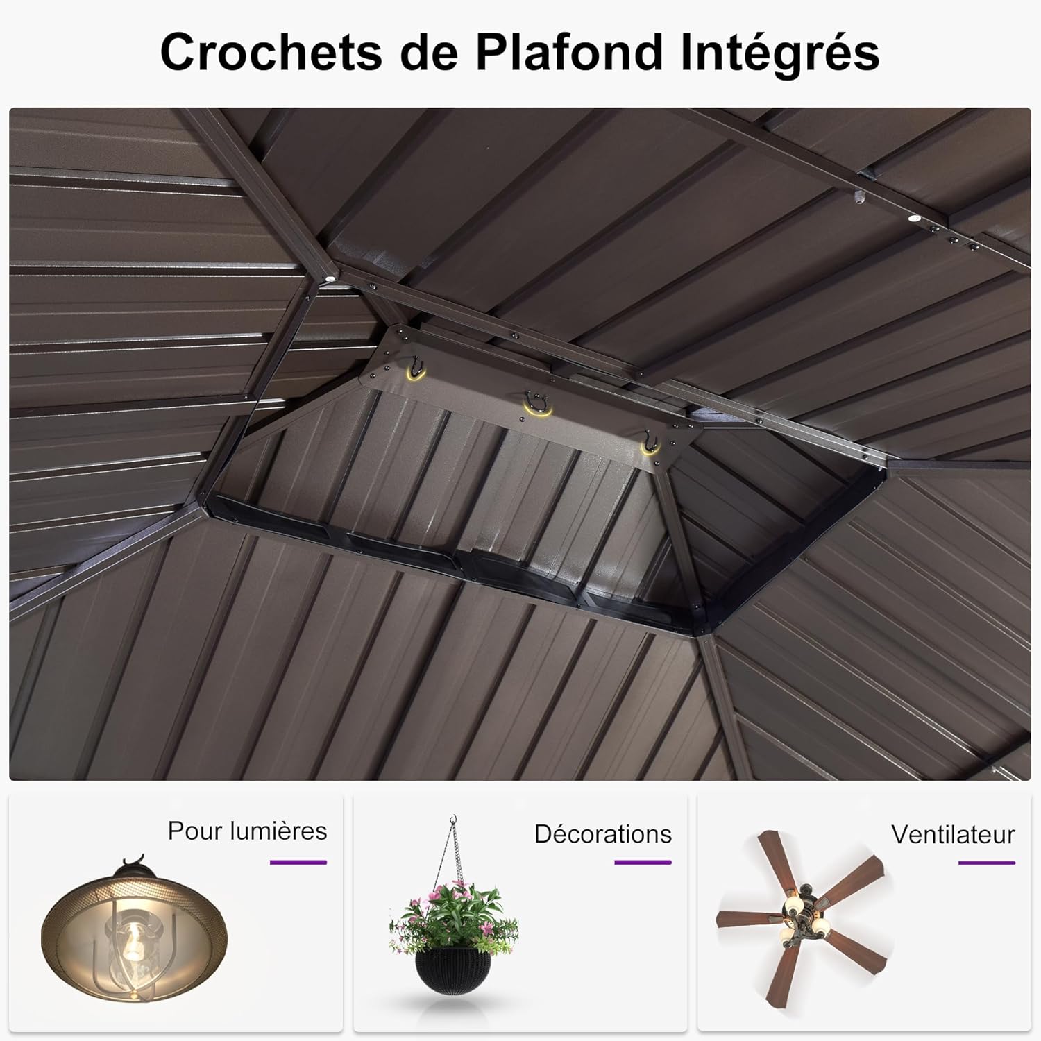 PURPLE LEAF - pergola double toit rigide 6x3,65m, aluminium, guirlande, rideaux