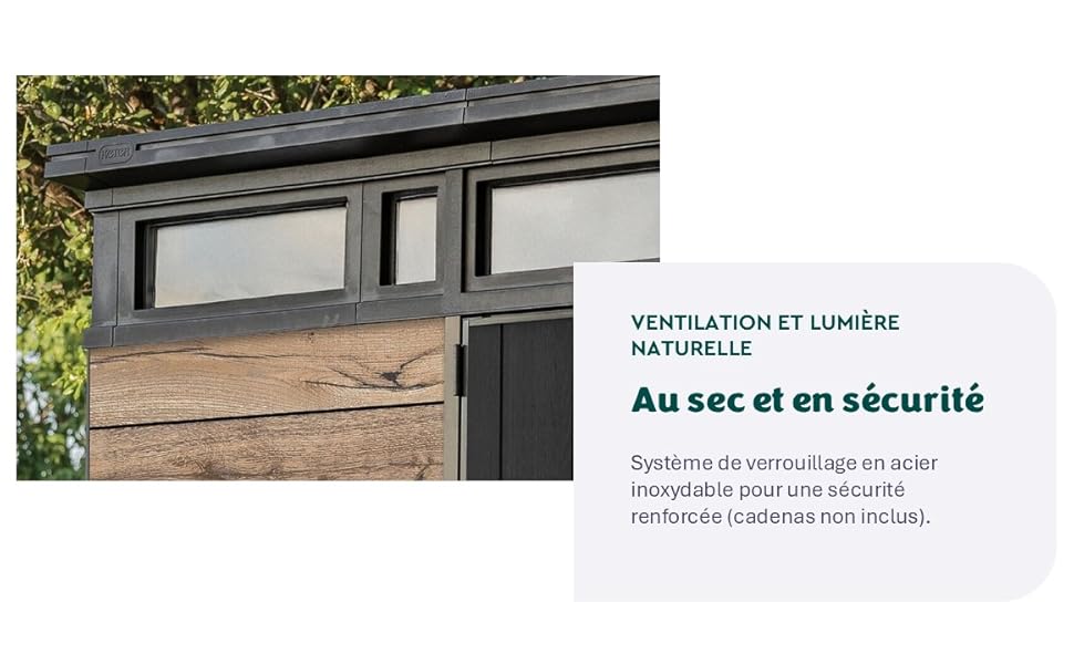 Le texte indique « VENTILATION ET LUMIÈRE NATURELLE » et « AU SEC ET EN SÉCURITÉ ». Photo architecturale montrant l'extérieur d'un bâtiment moderne en mettant l'accent sur les caractéristiques de ventilation.