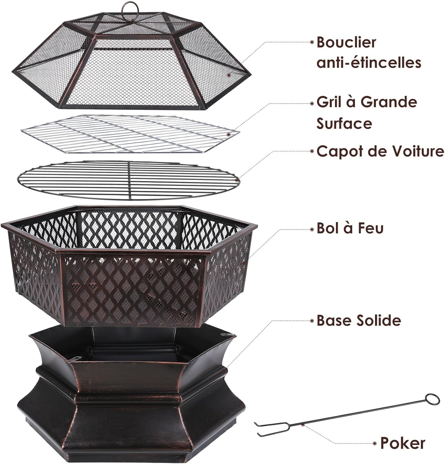 TLSUNNY - brasero avec grille - 66x66x63cm - foyer extérieur, barbecue, protection