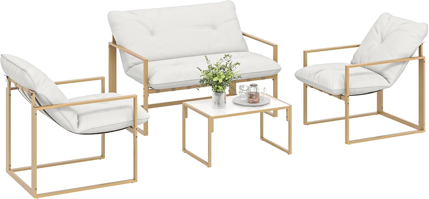 Outsunny - Salon de jardin 4 pcs - cadre acier, coussins 15cm épais