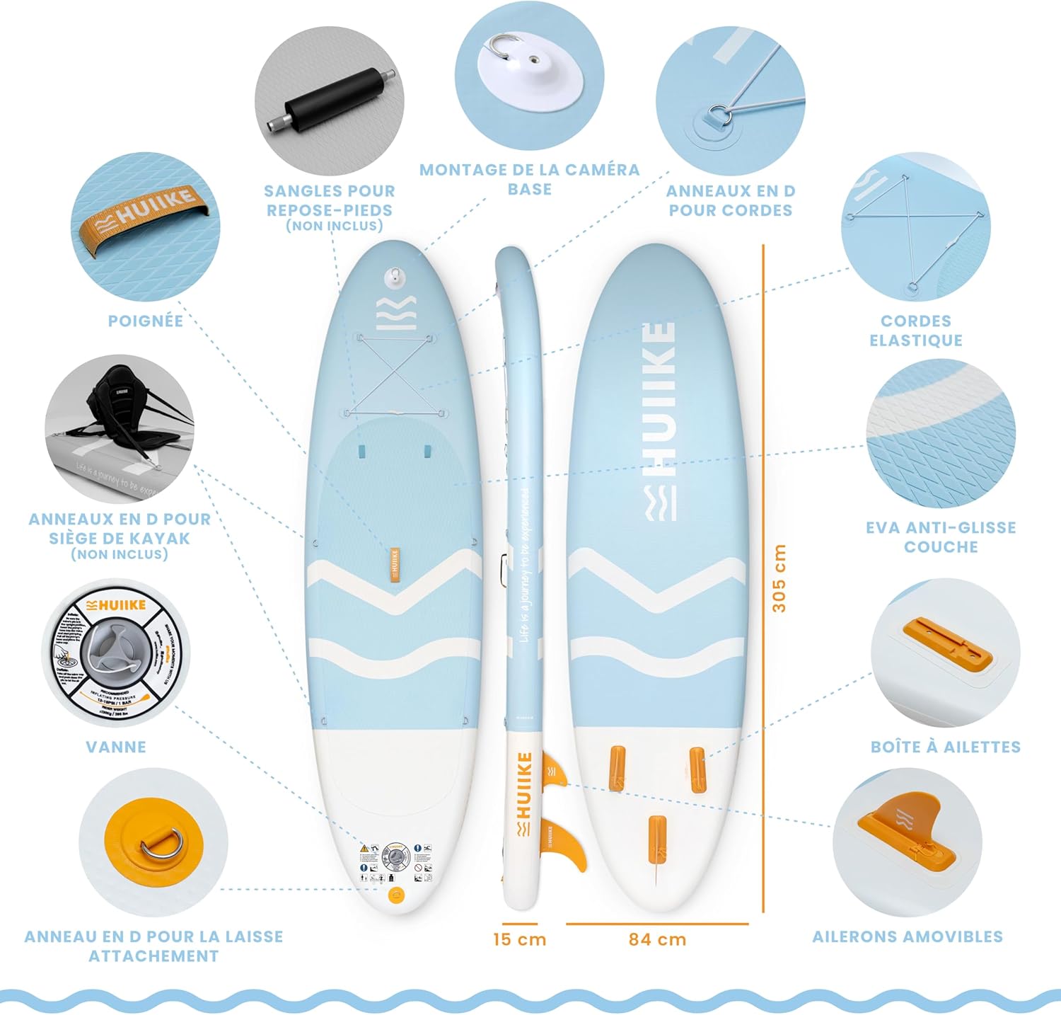 HUIIKE - paddle gonflable adulte - 305x84x15 cm - stable, résistant, 130 kg