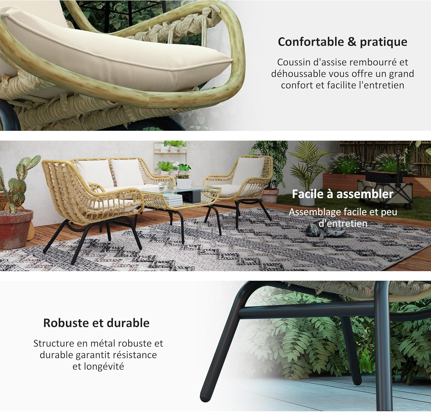 Outsunny - Salon de jardin exotique 4 places, métal/résine, coussins confort, beige