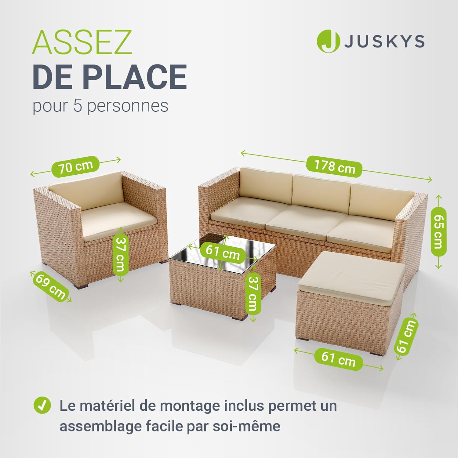 Juskys - Punta Cana L - salon de jardin polyrotin 4-5 personnes, crème/sable