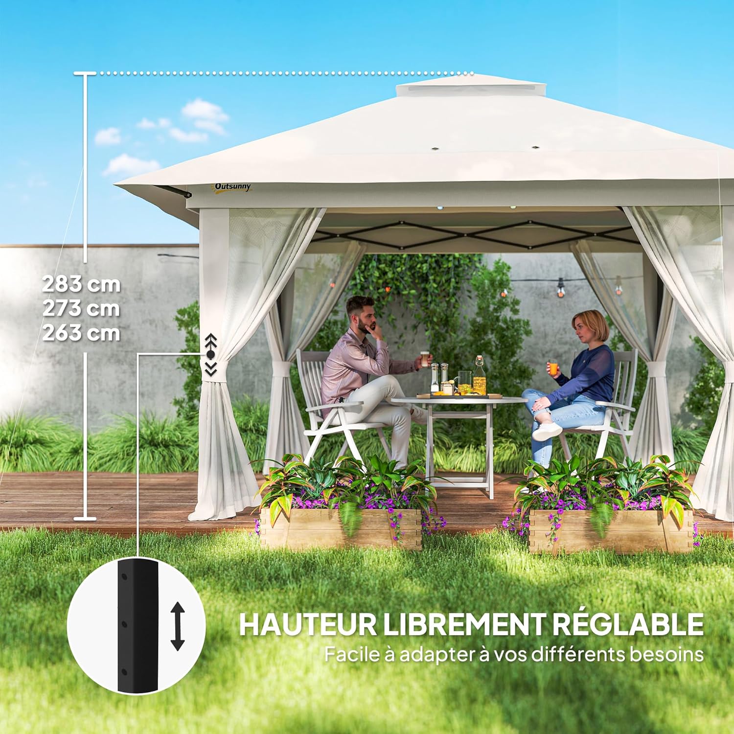 Outsunny - Tonnelle de Jardin Pop-up – 4x4m, UV 50+, double toit, moustiquaires, sac de sable, transport - BARNUM-4x4-UV