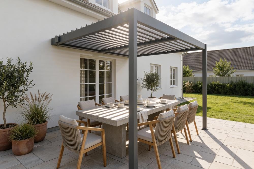 CAZEBOO - Piana - 3x2,5m - Aluminium gris, lames orientables, terrasse 7,8m², manivelle, résistance vent 70km/h