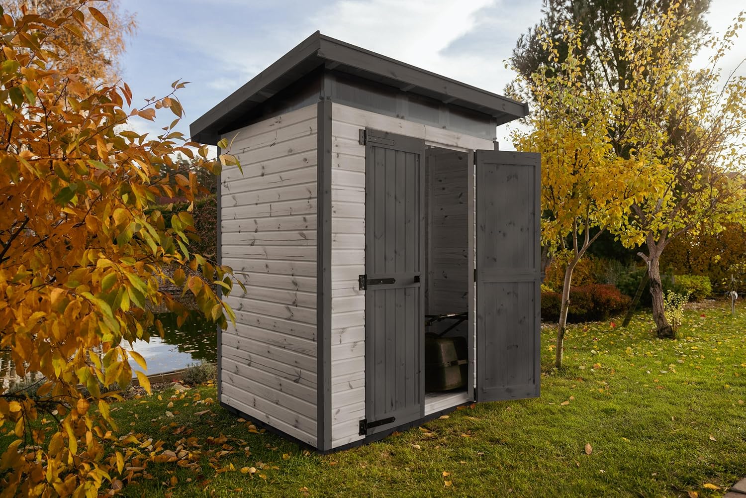 Upyard Abri de Jardin Strongbox M - Robuste Cabane à Outils en Bois avec Fondations Imprégnées et Toit en Plastique Extra-Résistant, 163x127 cm, Gris