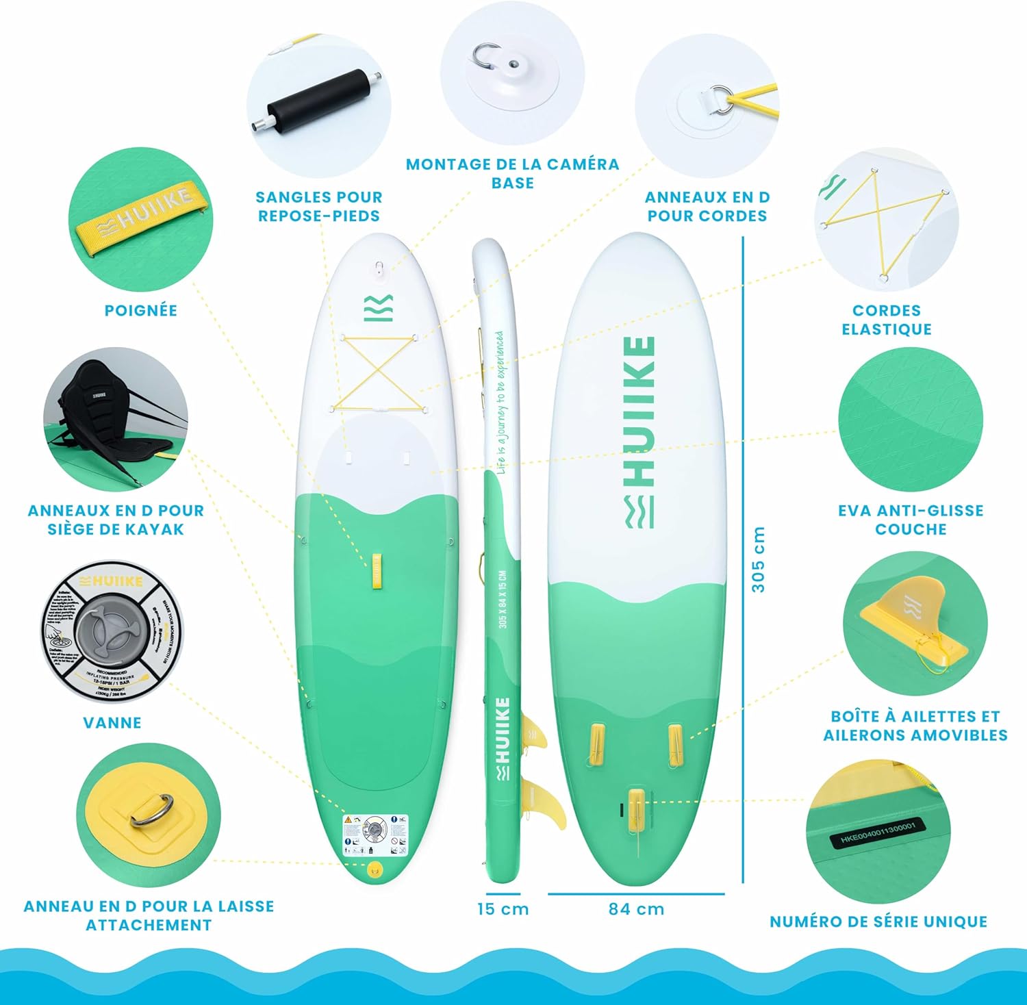 HUIIKE Paddle Gonflable Adulte avec Accessoires Inclus, Pagaie, Ailerons, Pompe. Planche de Stand Up Paddle Grande Stabilité et Résistance. 305 x 84 x 15 cm, Jusqu'à 130 kg