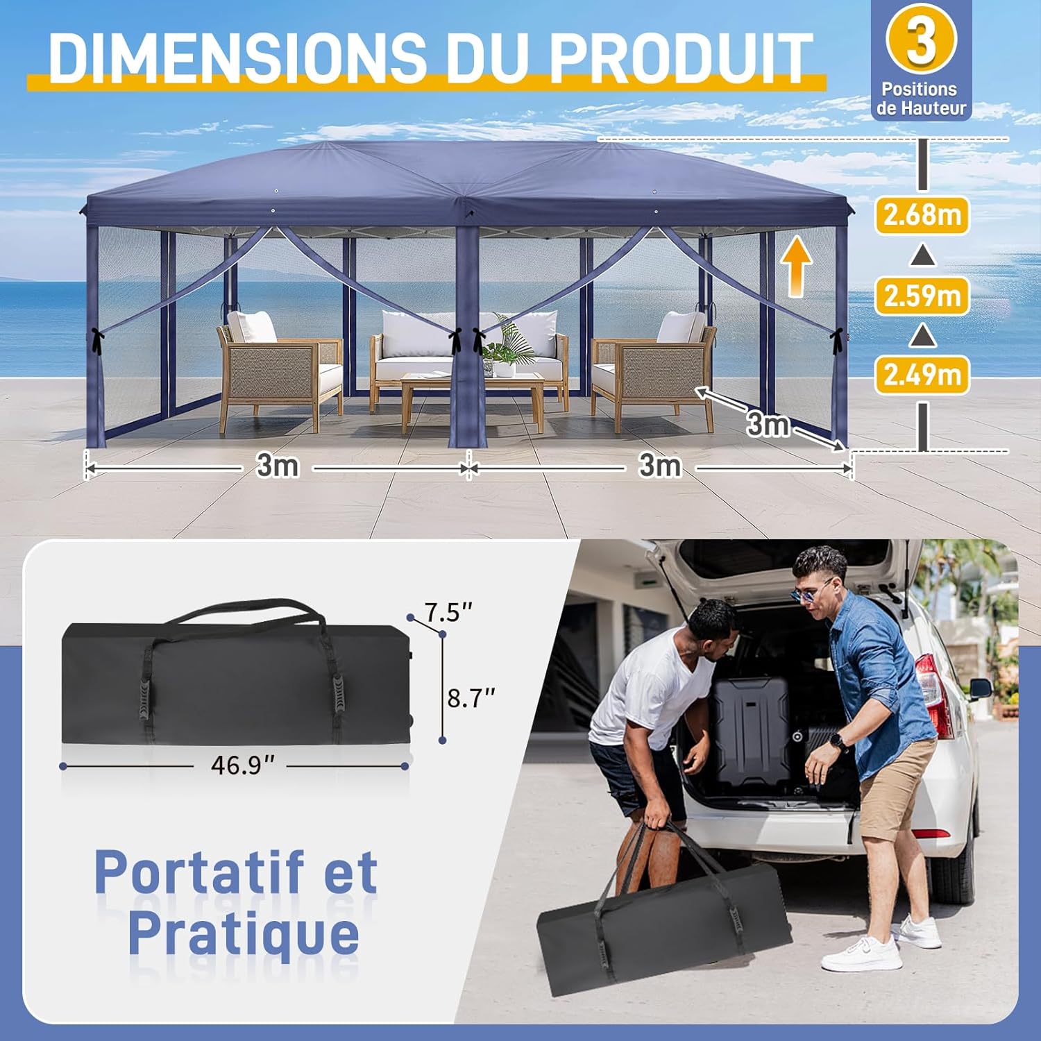 LEADZM - tonnelle pliante 3x6m - anti-UV 50+, imperméable, 6 moustiquaires