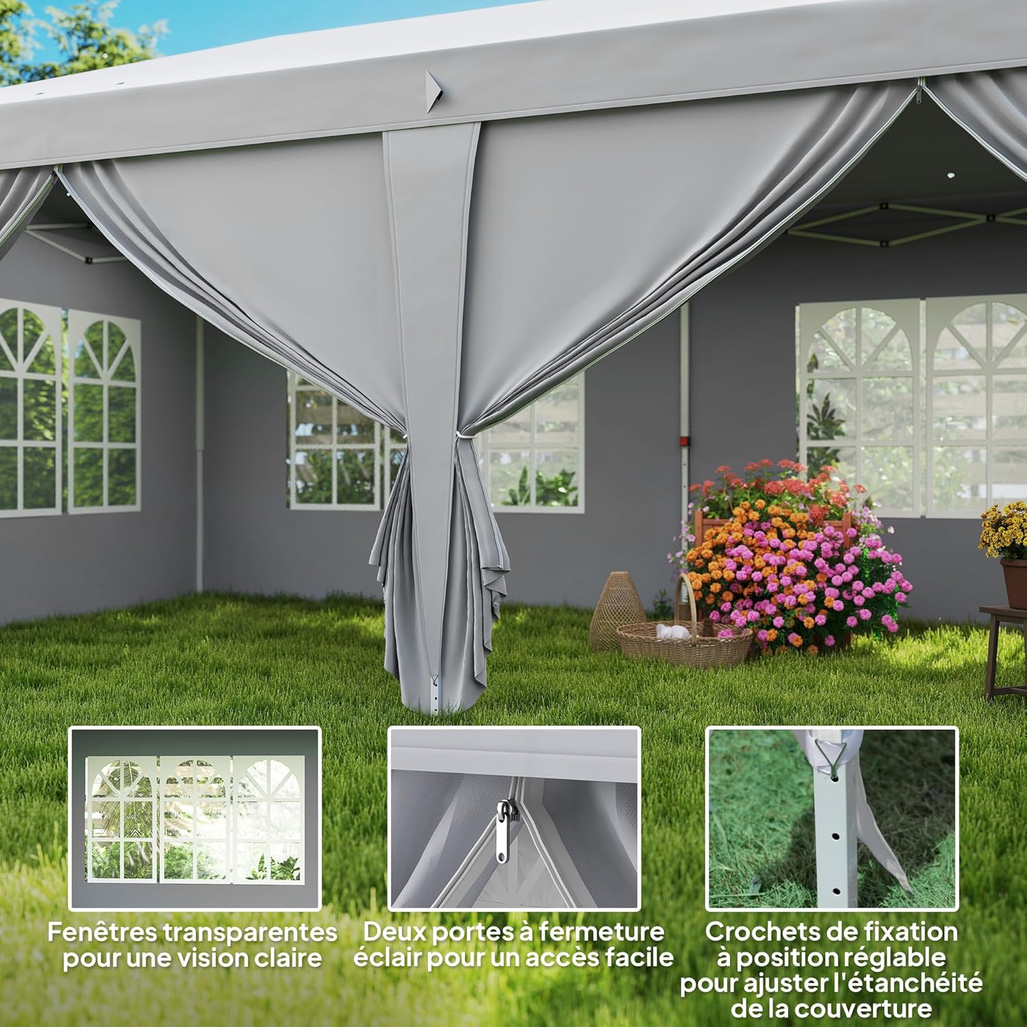 Outsunny - Tonnelle pliante 3x6m, acier renforcé, côtés amovibles, sac, gris
