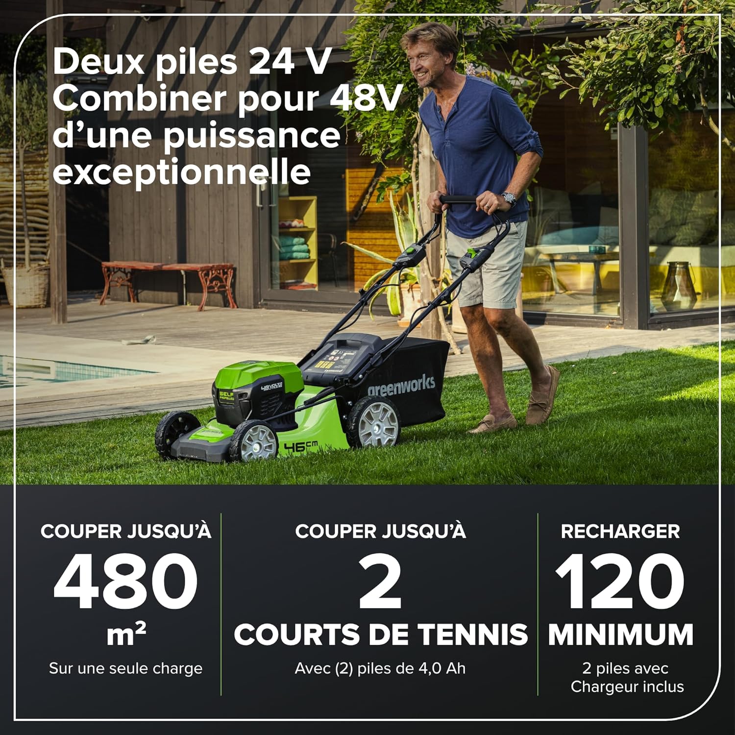 Greenworks 48V (24V x 2) Tondeuse à Gazon Sans Fil Autopropulsée Pelouses Jusqu'à 480m², Largeur de Coupe 46cm, Sac 55L, INCLUS 2 X 24V 4Ah et Chargeur Double, Garantie 3 Ans , GD24X2LM46SPK4X