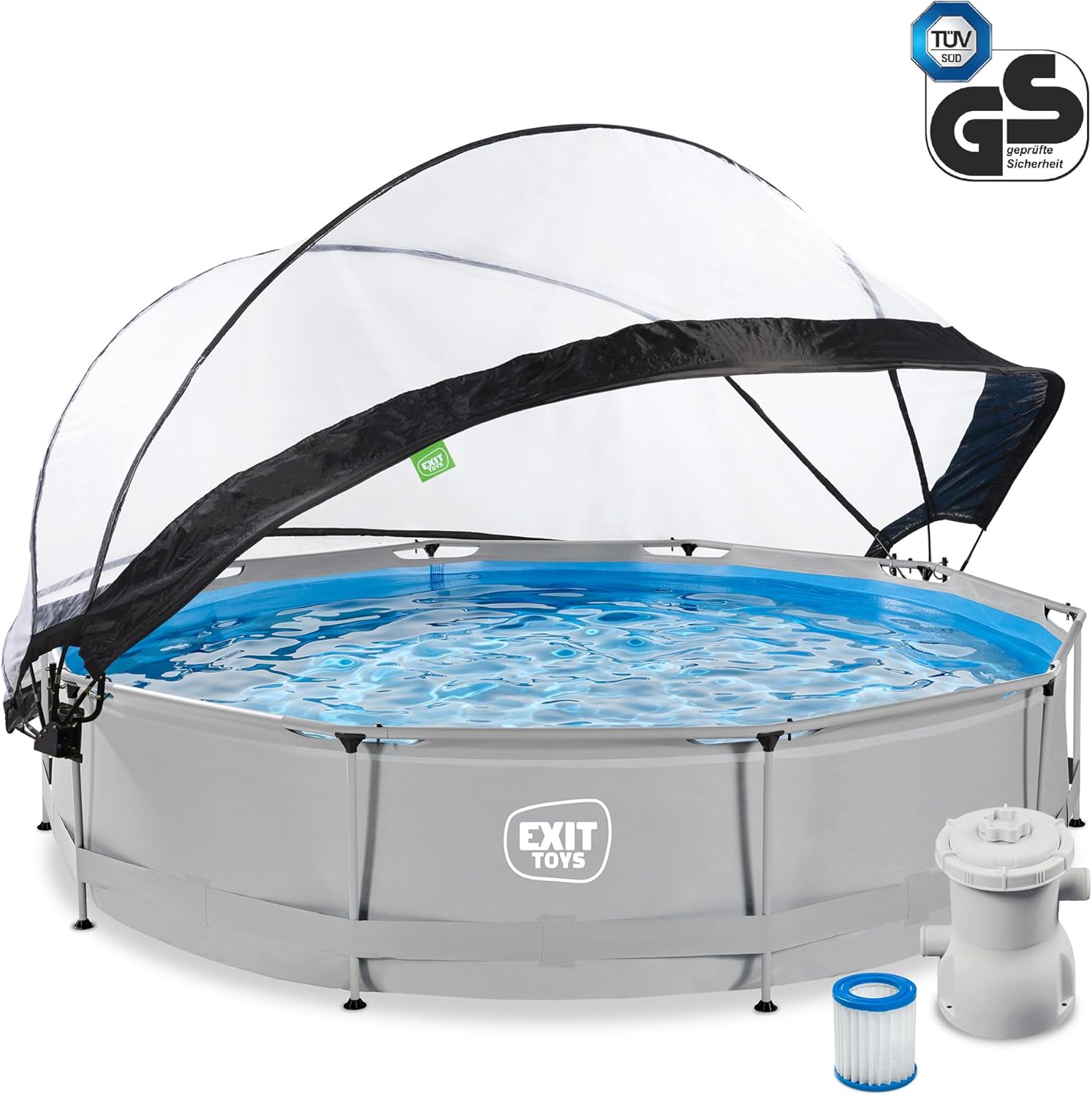 EXIT Toys Piscine Tubulaire Soft Grey avec Dôme Multifonctionnel - ø360x76cm - Piscine Hors Sol Ronde avec Pompe Filtrante à Cartouche - Entrée Basse - Pour l'Eau de la Piscine Propre et Chaude - Gris