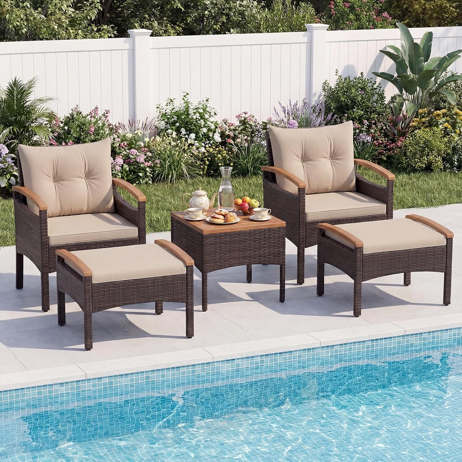 Salon de Jardin COSTWAY - 5 pièces en Rotin Jaune Terre - 2 fauteuils, 2 ottomans, table acacia, coussins amovibles - 14