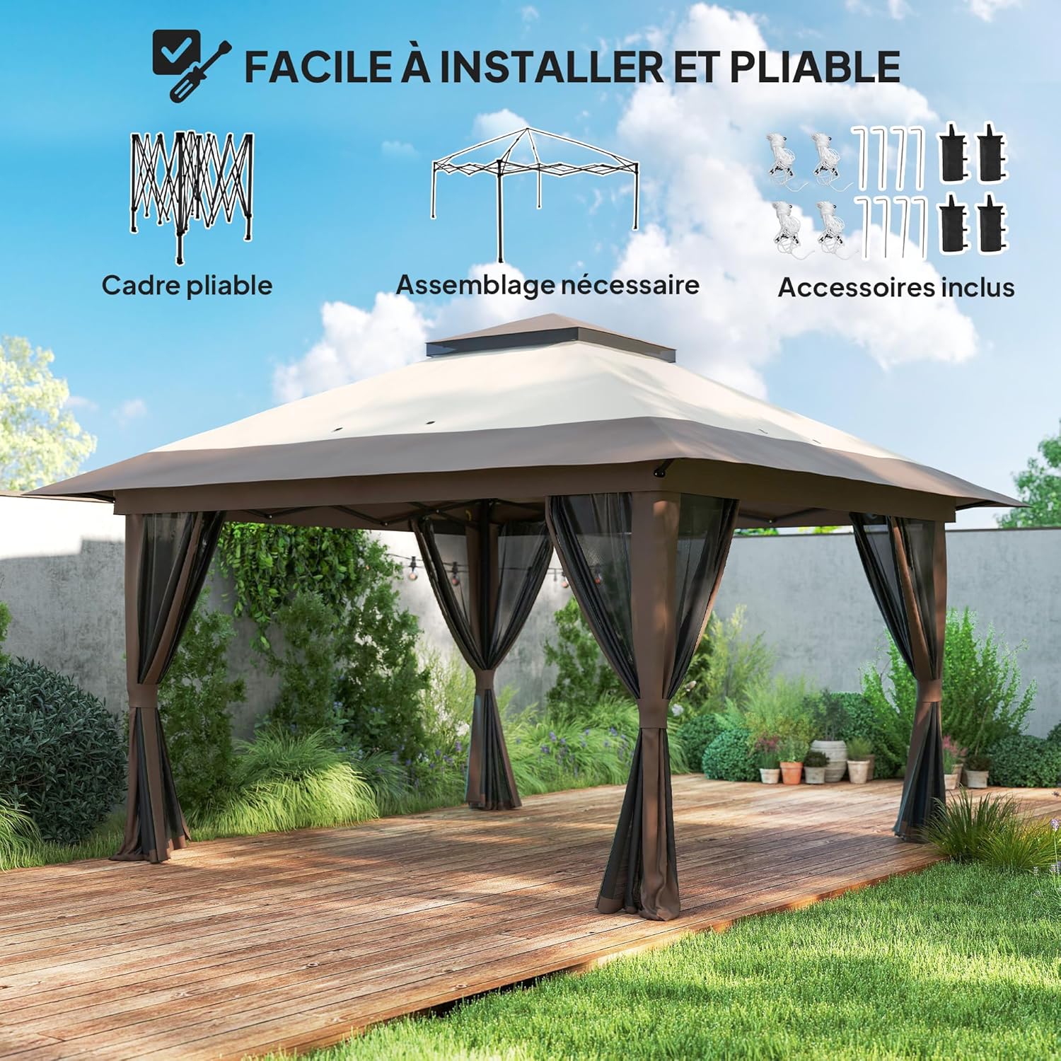 Outsunny - Tonnelle pop-up 4x4 m, double toit, moustiquaires, UV50+