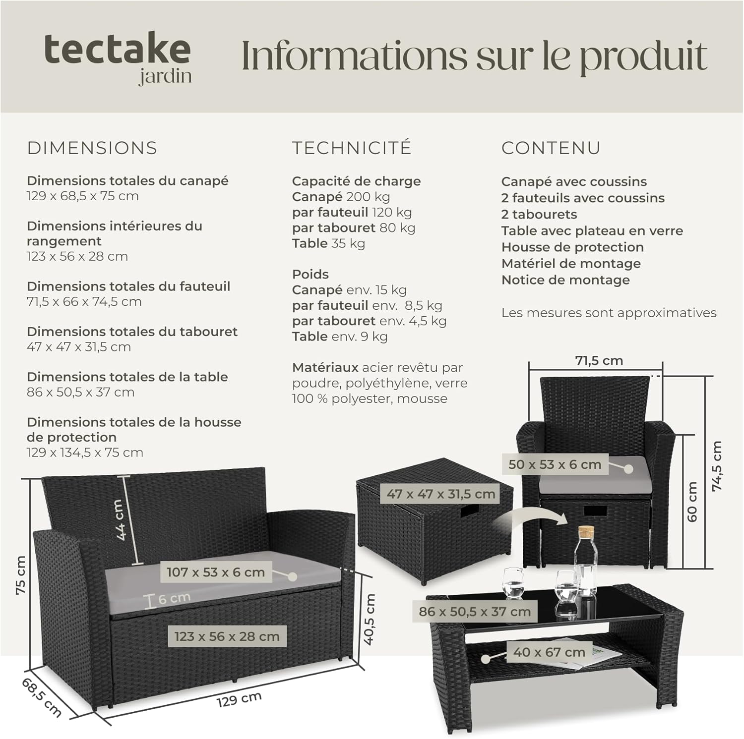tectake - salon jardin poly rotin, 1 banquette, 2 fauteuils, table, noir/gris