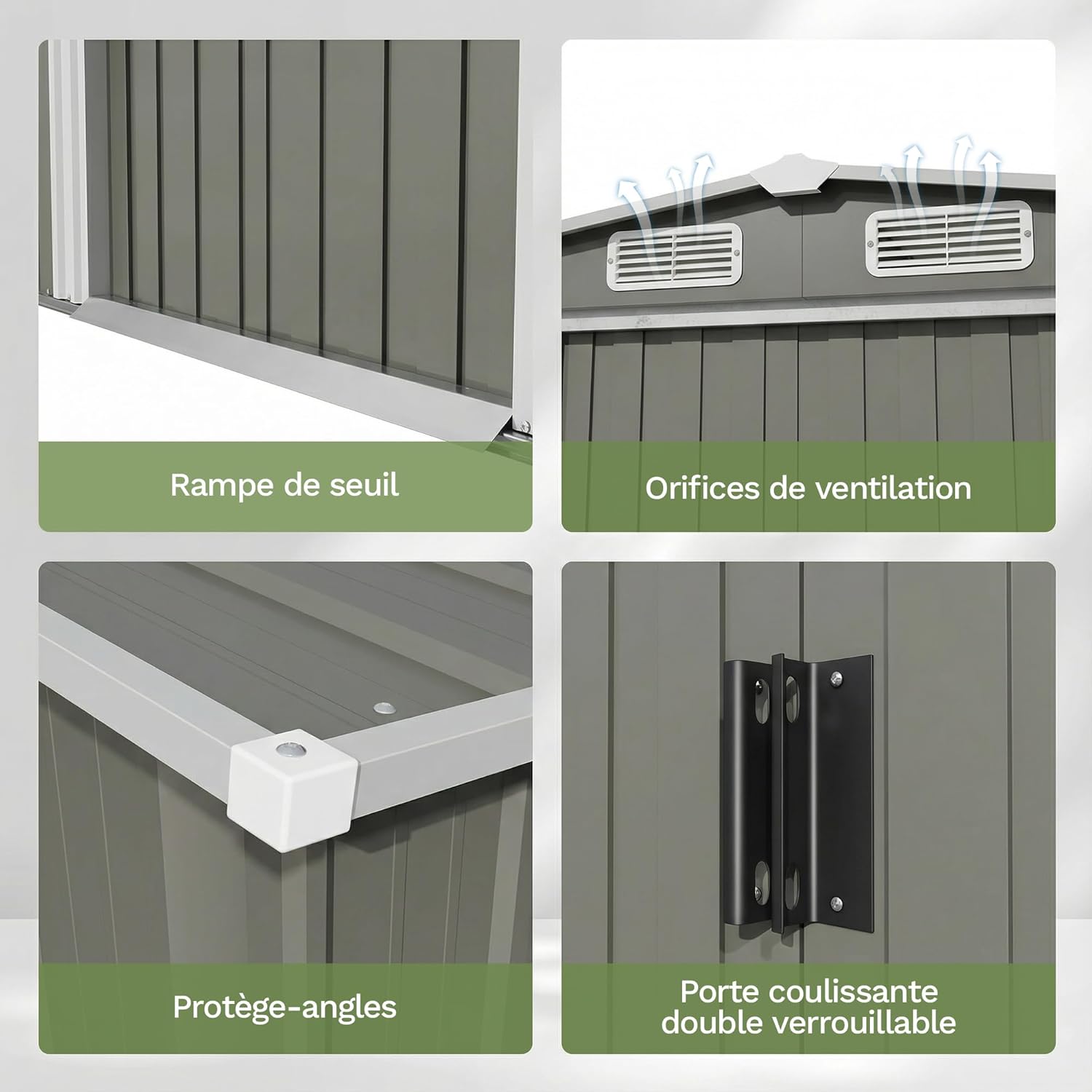 Devoko - abri de jardin métallique - 8x6ft - toit penté, ventilation, gris