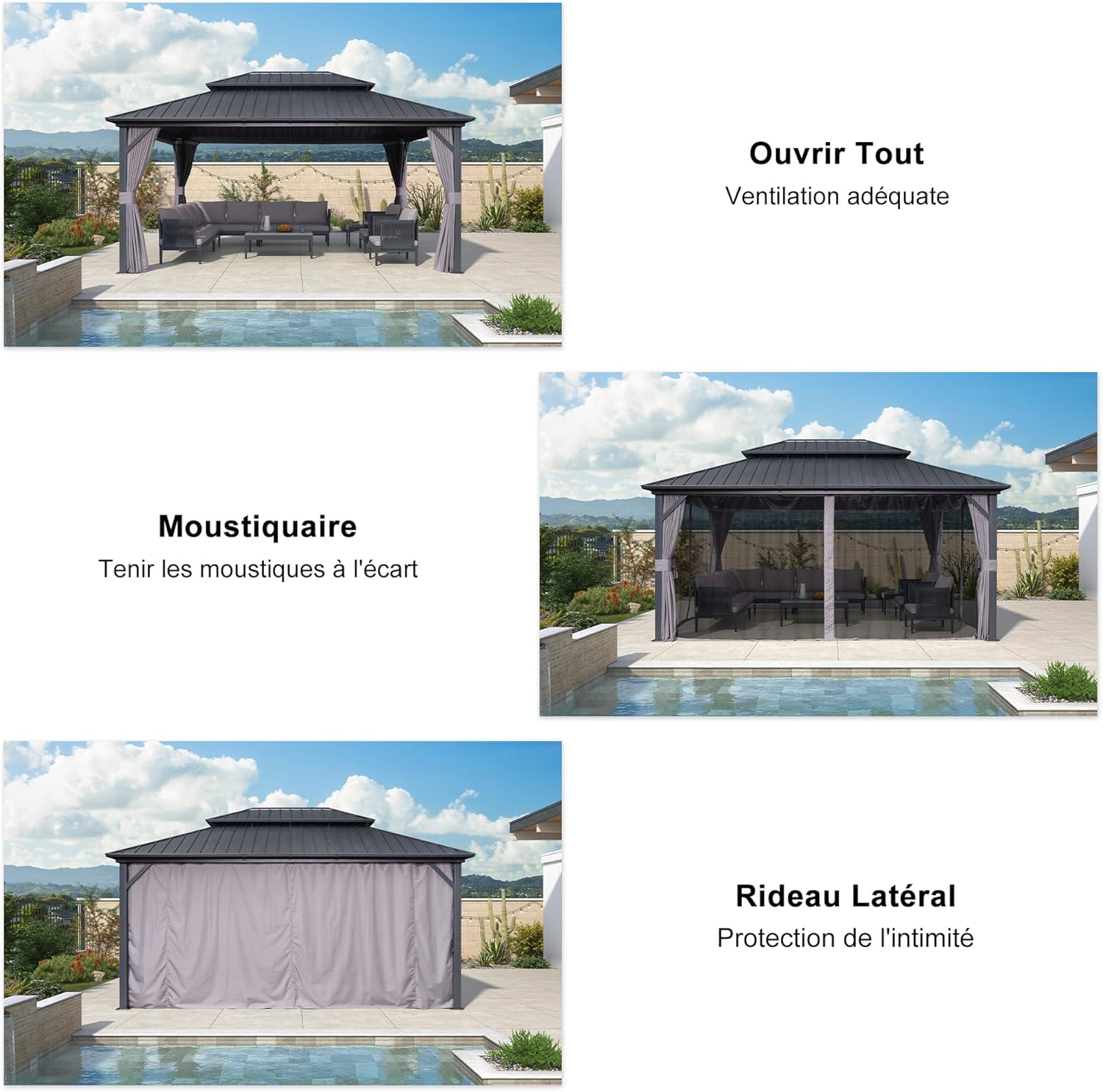 PURPLE LEAF - pergola série double toit - 4,85x3,65 m - alu acier, rideaux, moustiquaire