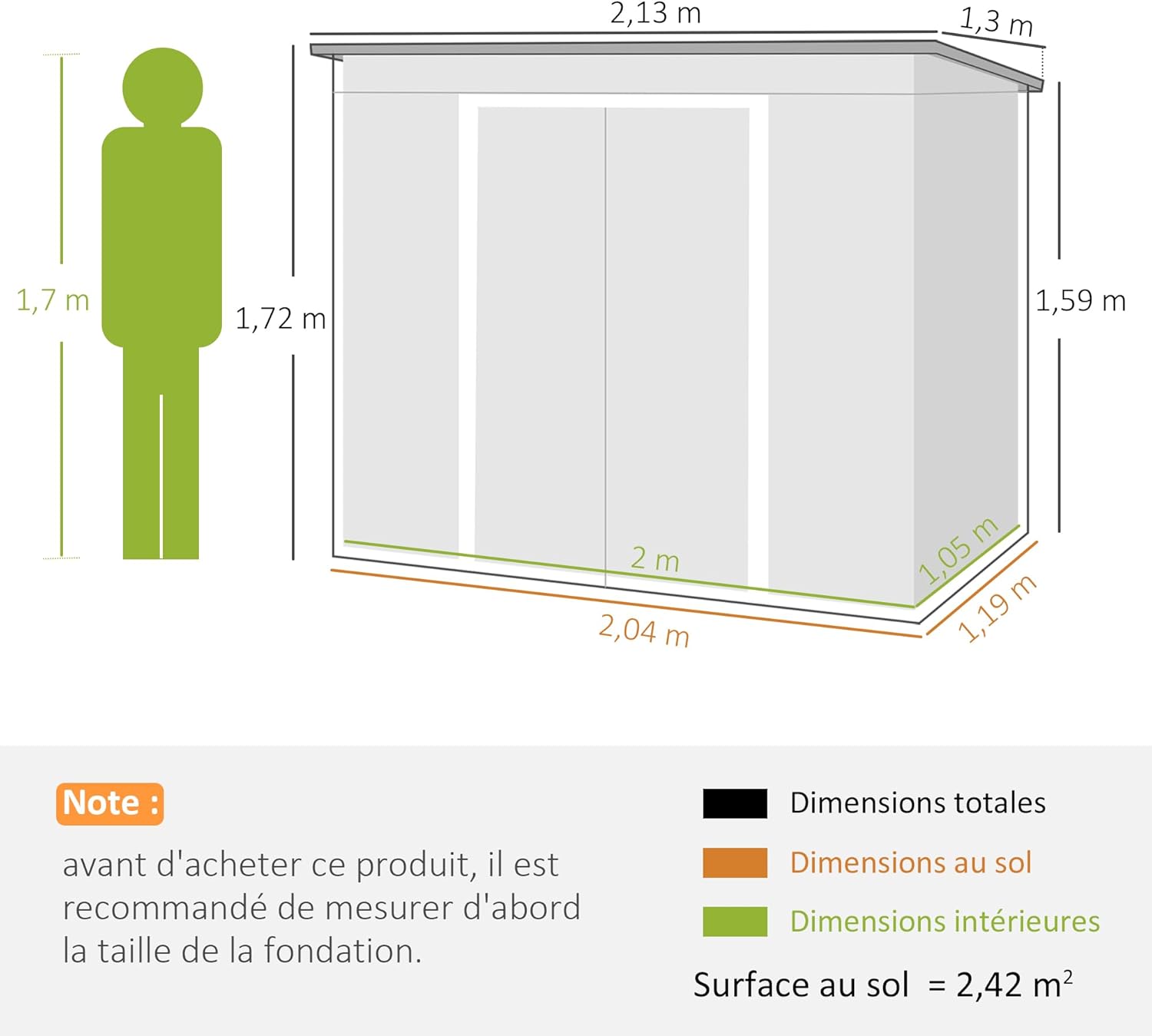 Outsunny - abri de jardin acier 2,77 m², 213x130x172 cm, portes verrouillables, fondation