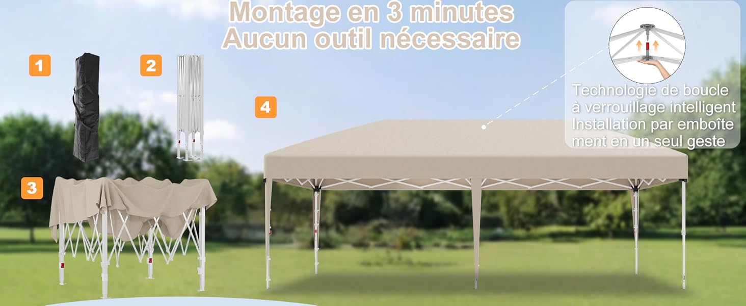 Le texte indique « VOUS SOUHAITEZ ORGANISER VOTRE ÉVÉNEMENT AVEC SUCCÈS ? » Grande tente extérieure blanche avec auvent installée dans un champ vert avec des chaises et des tables pour l'organisation d'événements.