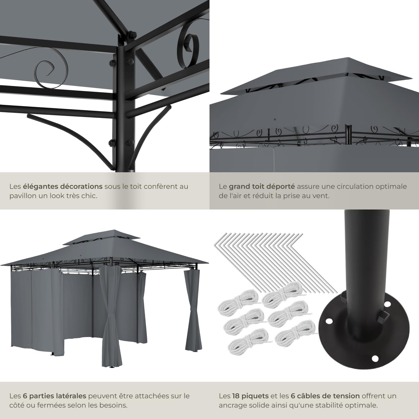 tectake - tonnelle de jardin 4x3m - acier epoxy, imperméable, rideaux, UV50+