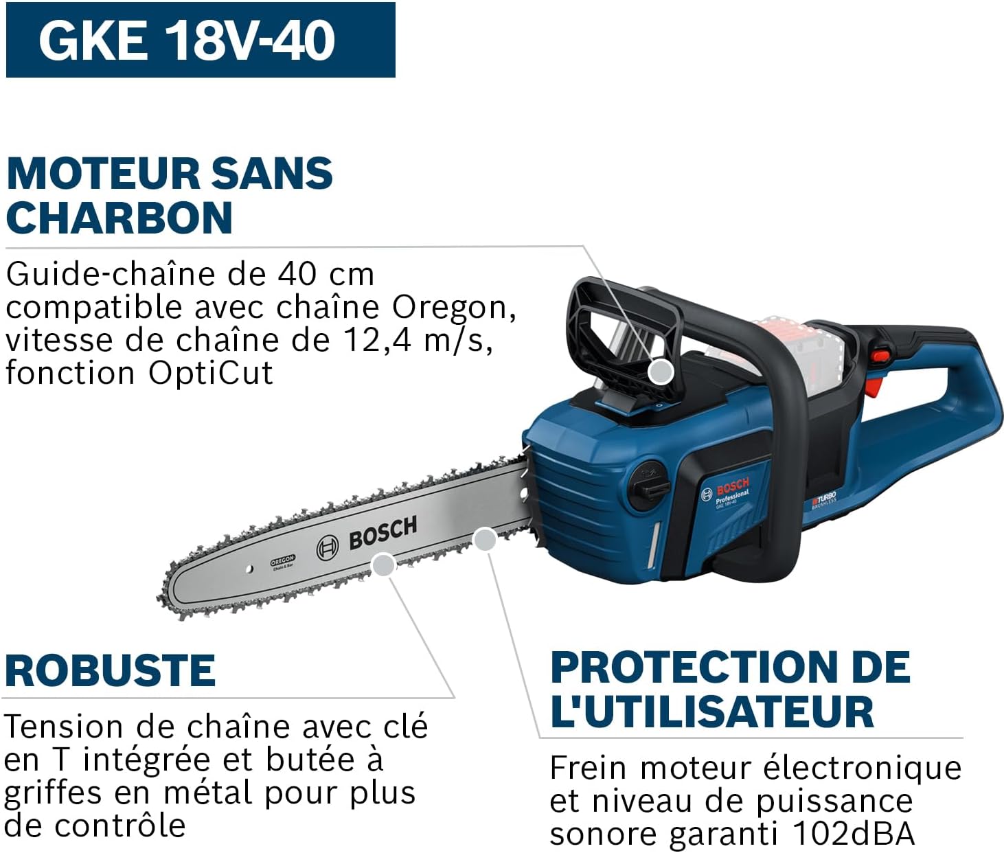 Bosch - tronçonneuse 18V BITURBO - guide 40cm, moteur Brushless GKE 18V-40