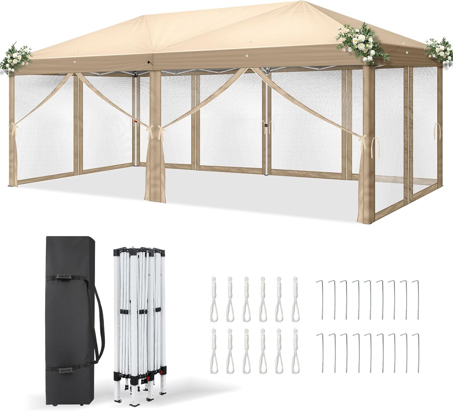 LEADZM - tonnelle pliable 3x6m - imperméable, anti-UV, hauteur réglable, moustiquaires