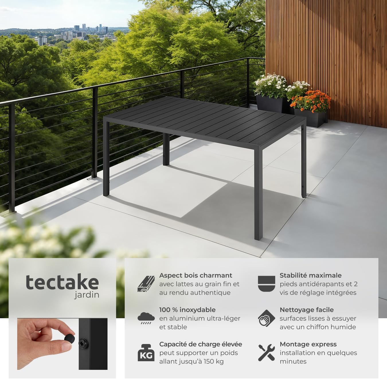 tectake - Table à manger aluminium bois 150x90x74,5 cm, réglable, anti-intempéries