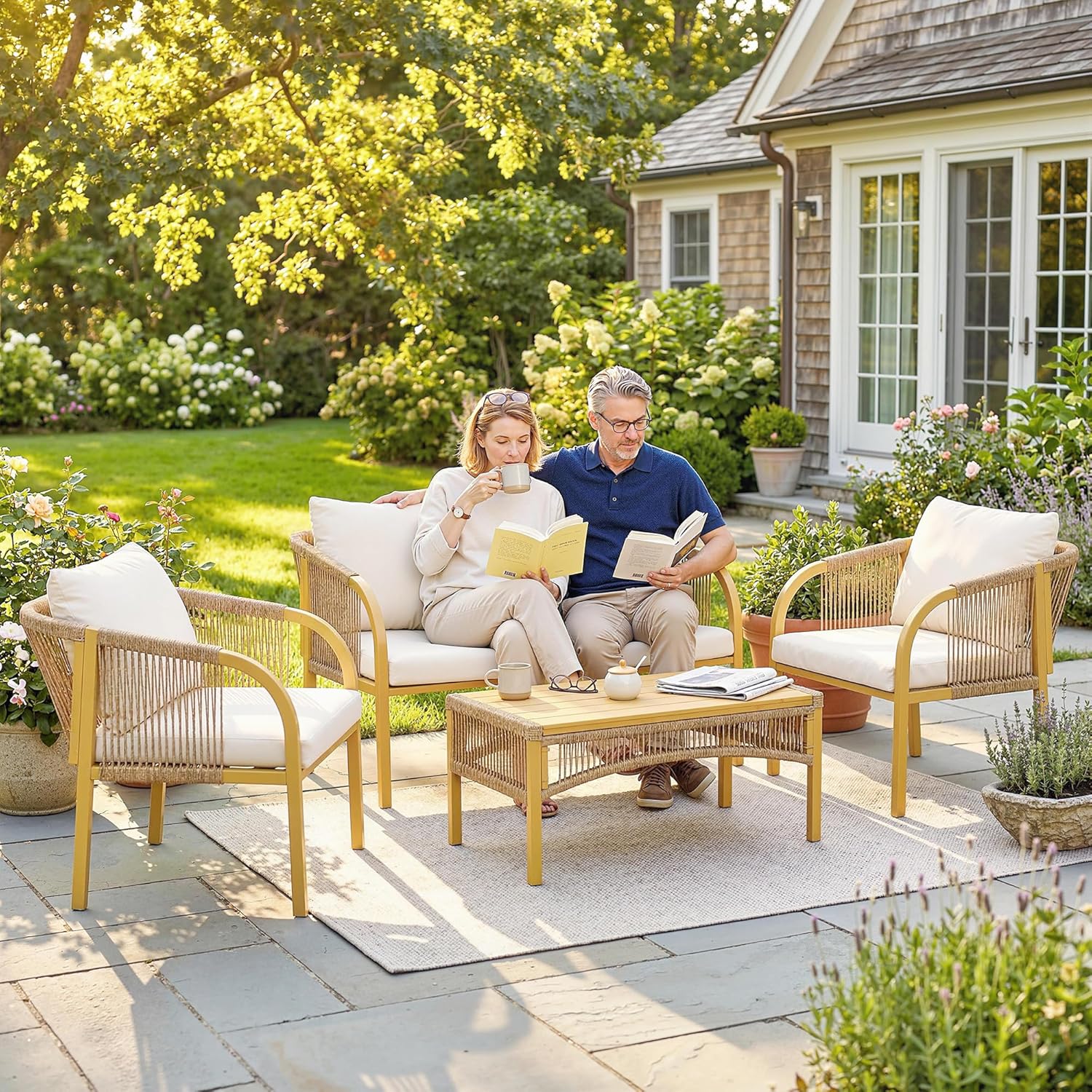Outsunny - Salon de jardin 4 pcs - canapé 2 places, coussins, table basse, plateau acier imitation bois - kaki
