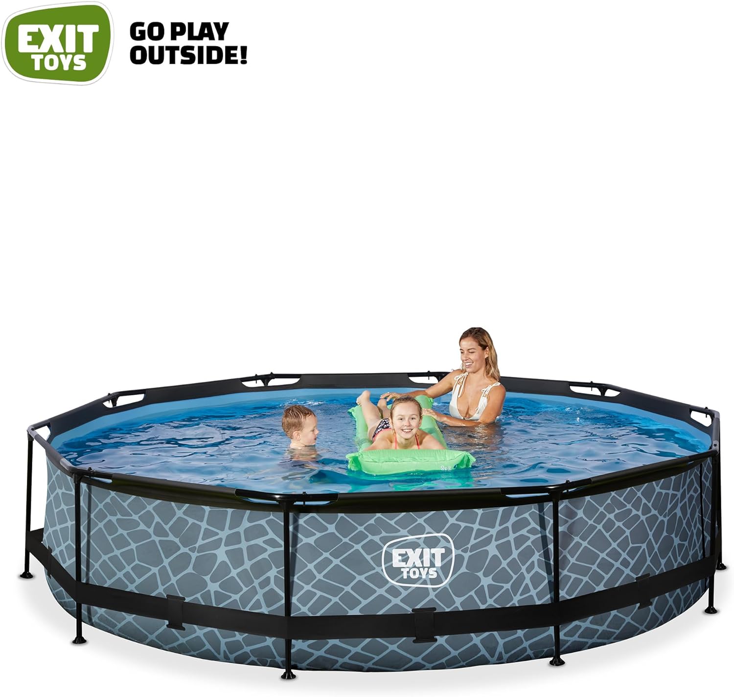 EXIT TOYS Piscine Tubulaire Stone - ø360x76cm - Piscine Hors Sol Ronde Grande avec Pompe Filtrante à Cartouche - Entrée Basse - Idéal pour Les Jeunes Enfants - Cadre Stable - Design Unique - Gris