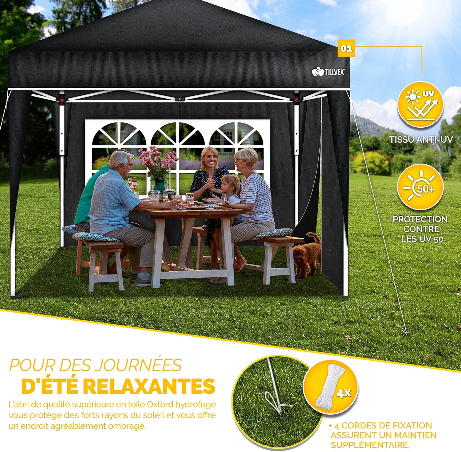 tillvex Tonnelle de Jardin 3 x 3 m Pliable avec 2 côtés | Tente de Jardin Pliante réglable en Hauteur | Auvent Pliant pour Camping, Festival, Plage, Jardin | Protection UV 50+ | avec Sac de Jardin