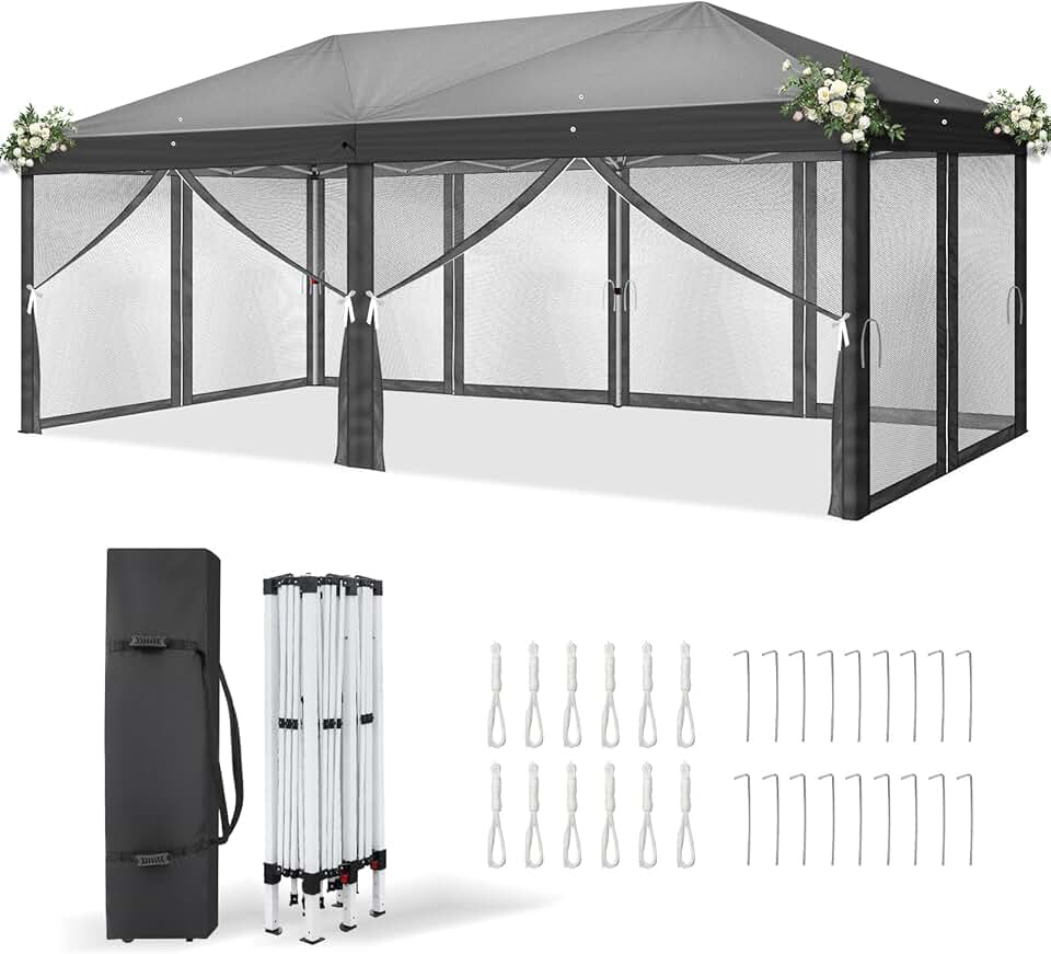 LEADZM Tonnelle Pliable 3x6 m Imperméable Anti-UV 50+, Hauteur Ajustable avec 6 Moustiquaires, Structure Stable, pour Jardin, Terrasse, Camping Et Usage Professionnel,Anthracite