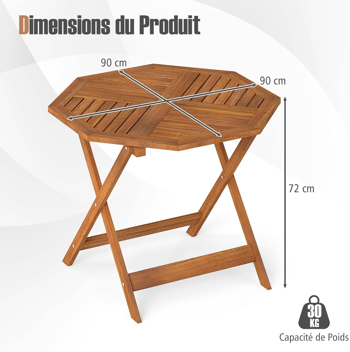 GOPLUS - Table de jardin octogonale - 90x72cm - bois, plateau lattes, trou de parapluie, charge 30kg