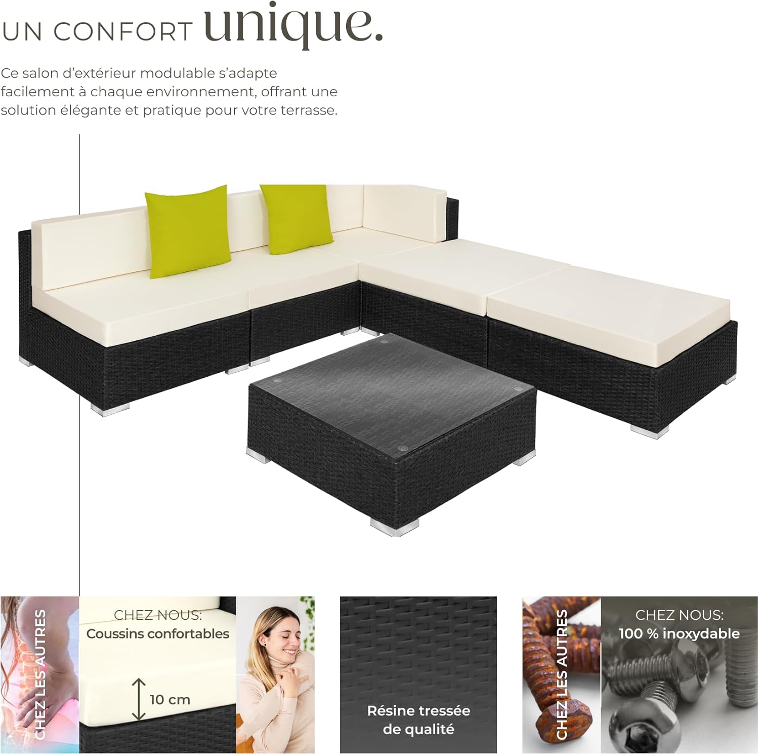 tectake - Salon de jardin XXL modulable - 5 places - poly rotin, table, poufs
