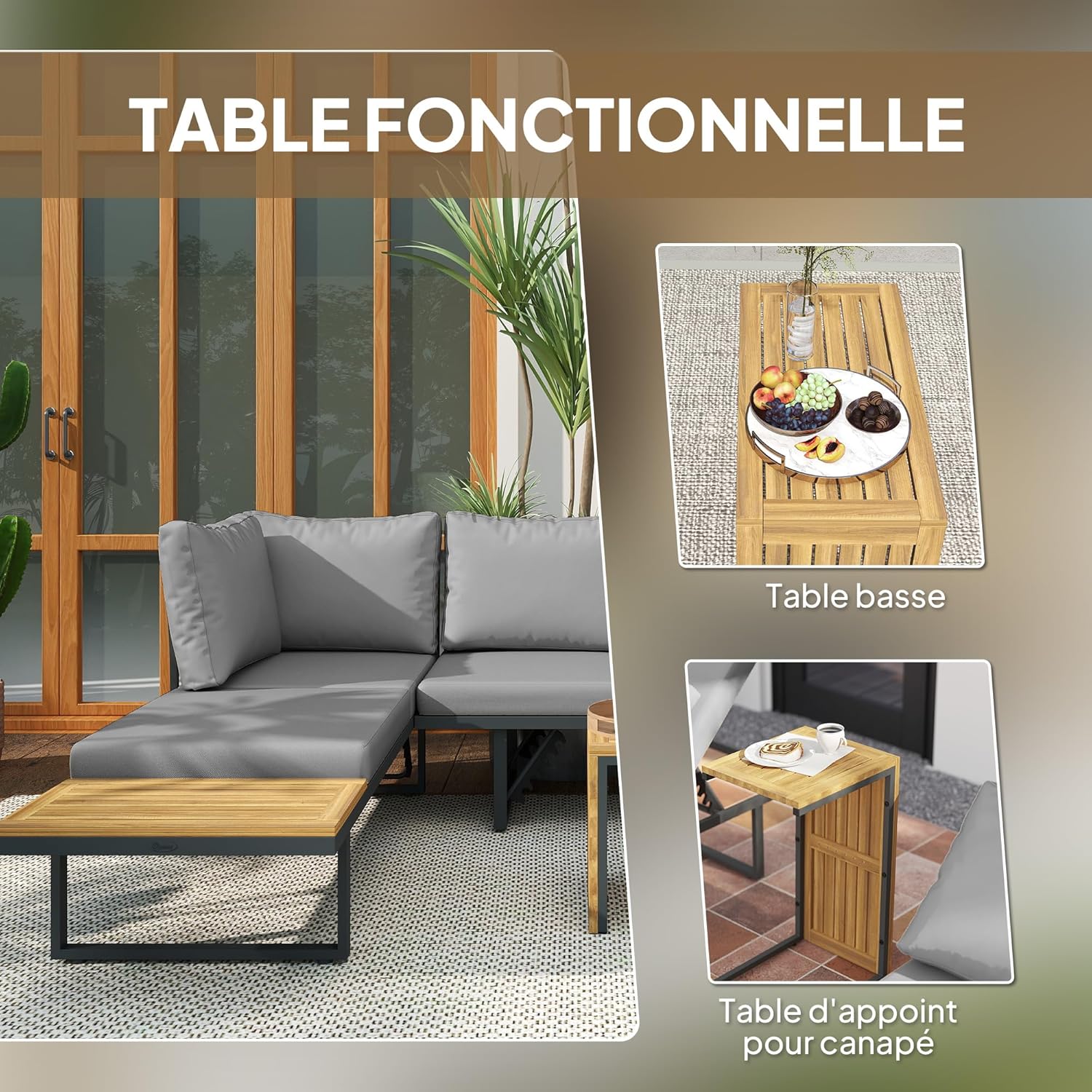 Outsunny - salon de jardin bois acacia 6 places modulable - coussins, dossier ajustable, gris