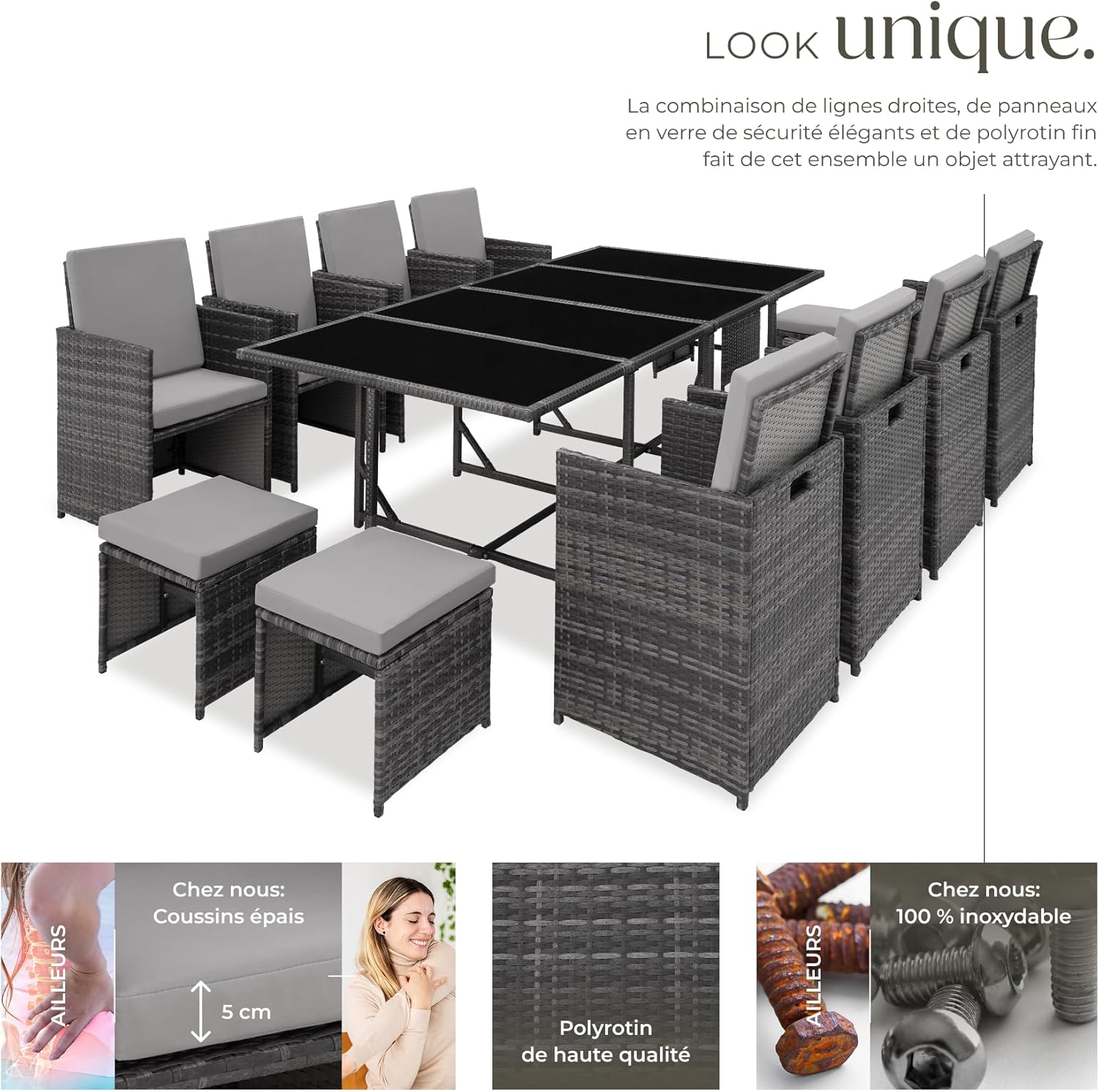 tectake - Salon Résine Tressée, 8 chaises, 4 tabourets, table, gris