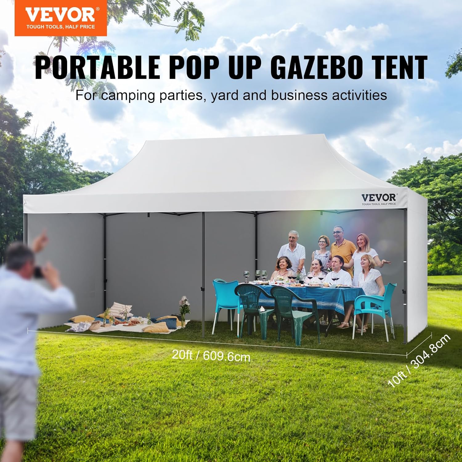 VEVOR - tonnelle pop-up - 304,8x609,6 cm - parois amovibles, UV, imperméable, sac roulettes, 6096VEVOR